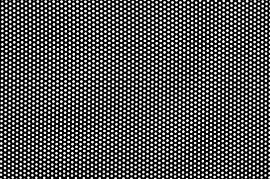 Texture of metal black mesh with round holes on a white background. Background made of metal perforated mesh