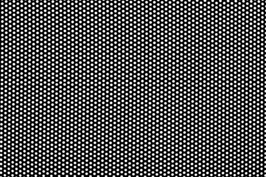 Texture of metal black mesh with round holes on a white background. Background made of metal perforated mesh