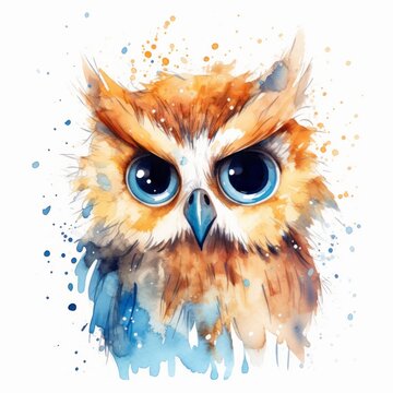 Watercolour drawing of the upper body of an owl with a stern look, colourful