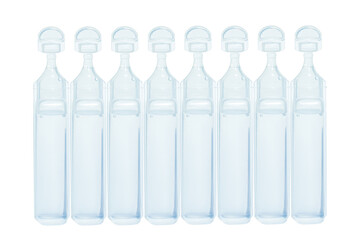 Plastic pharmaceutical ampoules with physiological fluid. Sodium chloride. Or drops. Medicine. on isolated transparent background