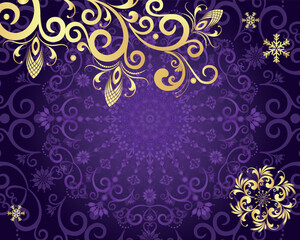 Fototapeta na wymiar Vector Christmas violet gradient frame with golden snowflakes and vintage curls