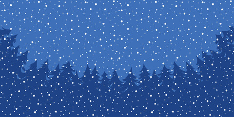 Minimalistic winter landscape, cartoon nature, forest and falling snow, seamless border, vector illustration	