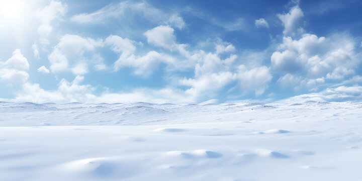 Winter beatifull landscape with snow, Winter snow background with snowdrifts, with beautiful light and snow flakes on the blue sky in the evening, generative AI

