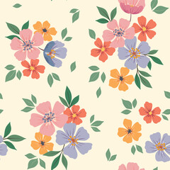 Seamless floral pattern, liberty ditsy print with cute hand drawn bouquets. Pretty botanical design with a rustic, folk motif: small colorful flowers, tiny leaves, on a white background. Vector.