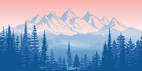 Sunrise in the mountains, forest and morning fog, vector illustration	