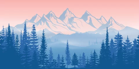 Foto op Canvas Sunrise in the mountains, forest and morning fog, vector illustration  © Valerii