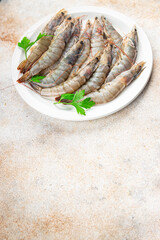 raw shrimp prawn seafood fresh eating cooking appetizer meal food snack on the table copy space food background rustic top view