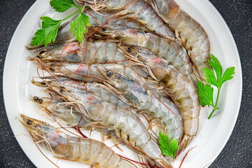 raw shrimp prawn seafood fresh eating cooking appetizer meal food snack on the table copy space food background rustic top view