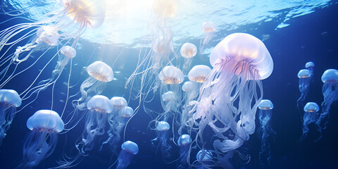 Some jellyfish in a coral reef,Enchanting Encounters: Captivating Jellyfish Dance in the Vibrant Coral Reef
