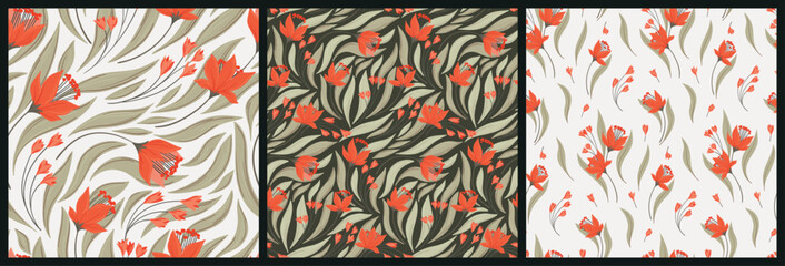 Seamless floral pattern, abstract ditsy print with vintage motif in the collection. Elegant botanical design with hand drawn wild plants, red flowers, autumn leaves. Vector illustration.