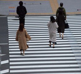 都市の交差点の横断歩道を渡る女性と男性の姿