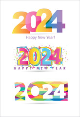 Modern Happy New Year 2024 design set. Christmas with beautiful golden and black numbers. Premium trend vector illustration for banner, t shirt, poster, calendar and greeting Happy New Year 2024.