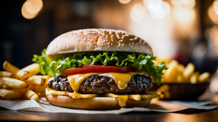 Hamburger à l'américaine pour les plus gourmands - ia générative - obrazy, fototapety, plakaty