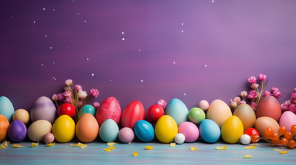A lot of colourful painted easter eggs in front of purple background.