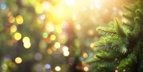 close up of fir tree brunch with sunlight bokeh. Shallow focus. Fluffy fir tree brunch close up. Christmas wallpaper concept. Copy space. - obrazy, fototapety, plakaty