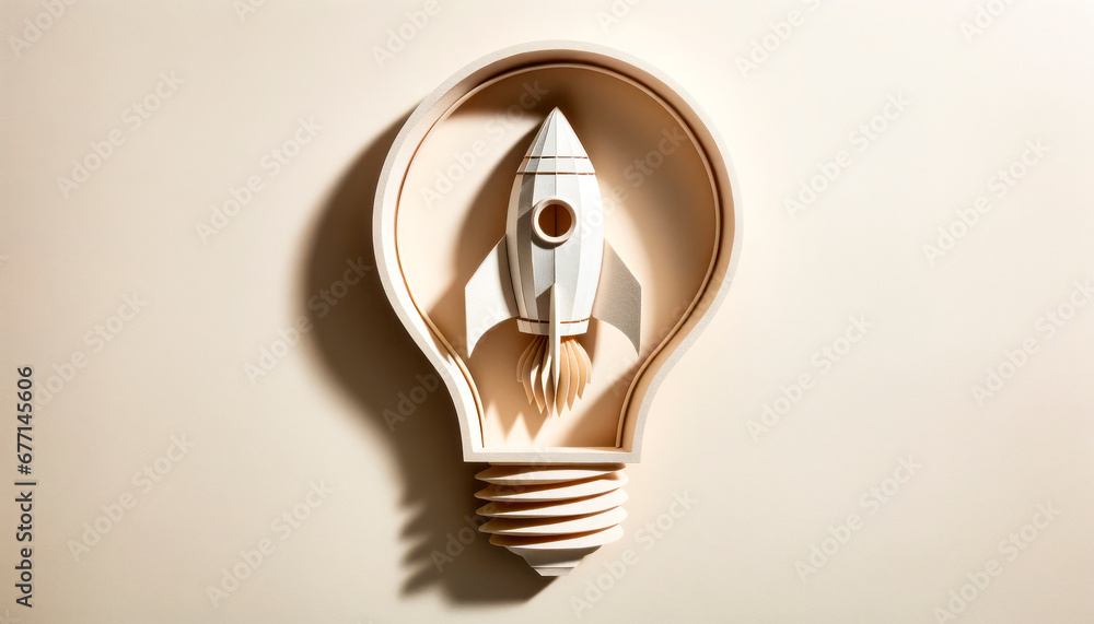 Aufkleber Retro lightbulb with rocket made of paper on a wall. Generative AI