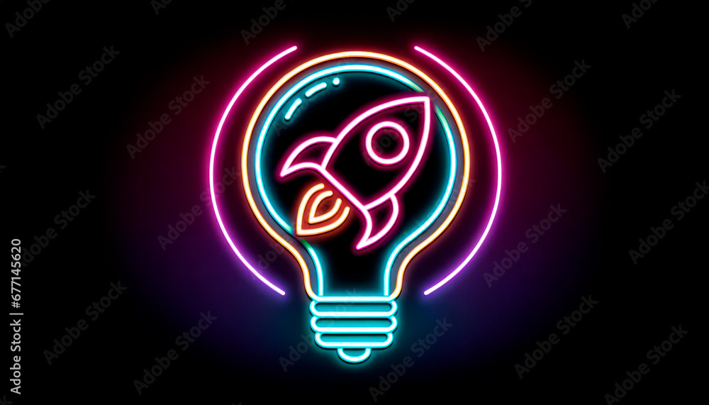 Canvas Prints neon light bulb with rocket icon. generative ai