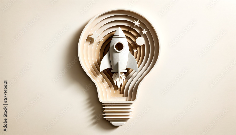 Aufkleber Light bulb with rocket inside on a wall. Generative AI