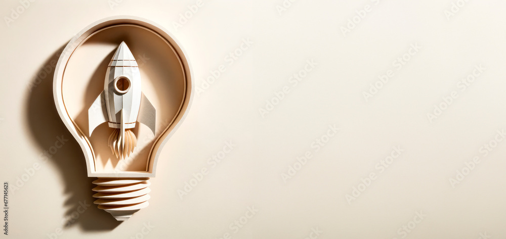 Poster creative idea concept with light bulb and rocket on white backgroundwith blank place. generative ai