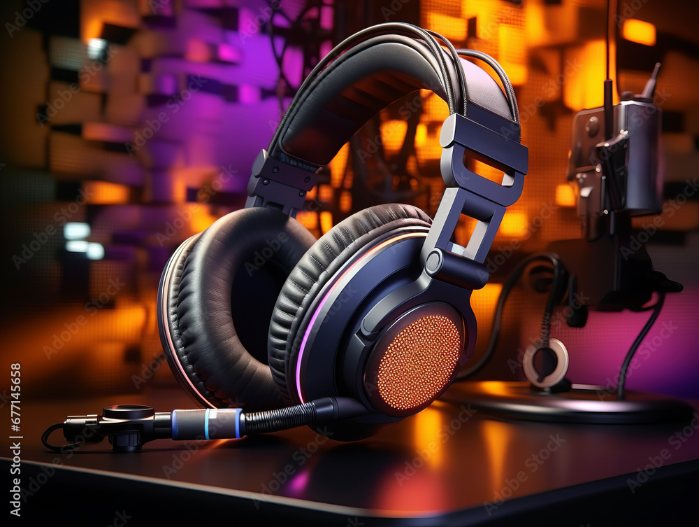 Poster Dynamic headphones and microphone setup with digital background. Generative AI