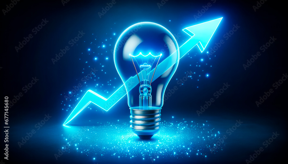 Poster Lightbulb with arrow in blue light on dark background. Idea and startup concept. Generative AI
