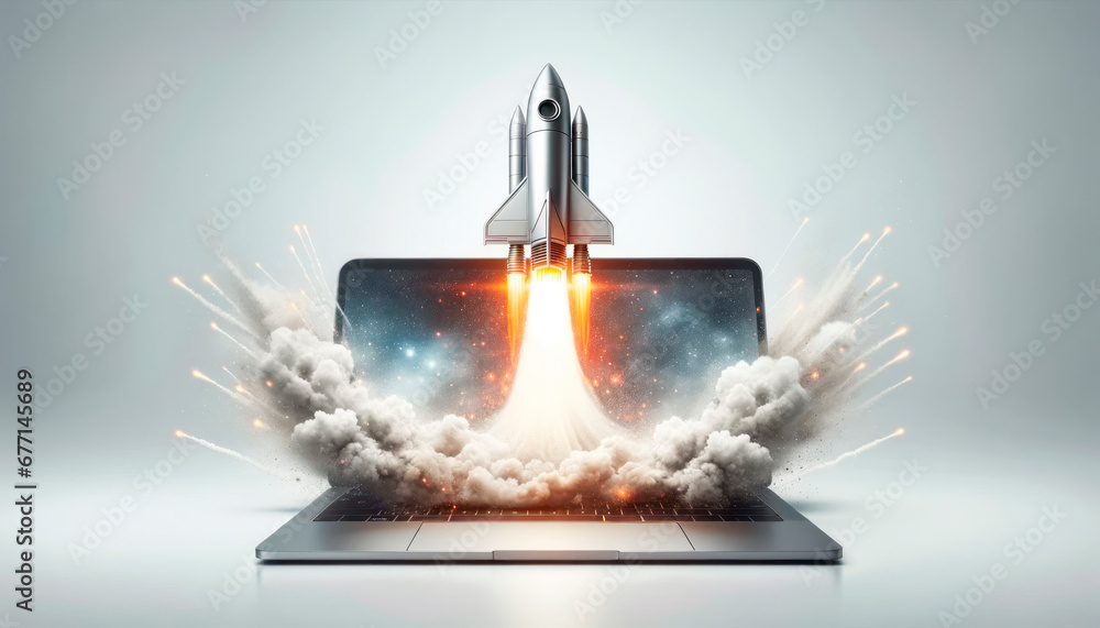 Poster Laptop displaying a space shuttle launch with spark effects. Generative AI