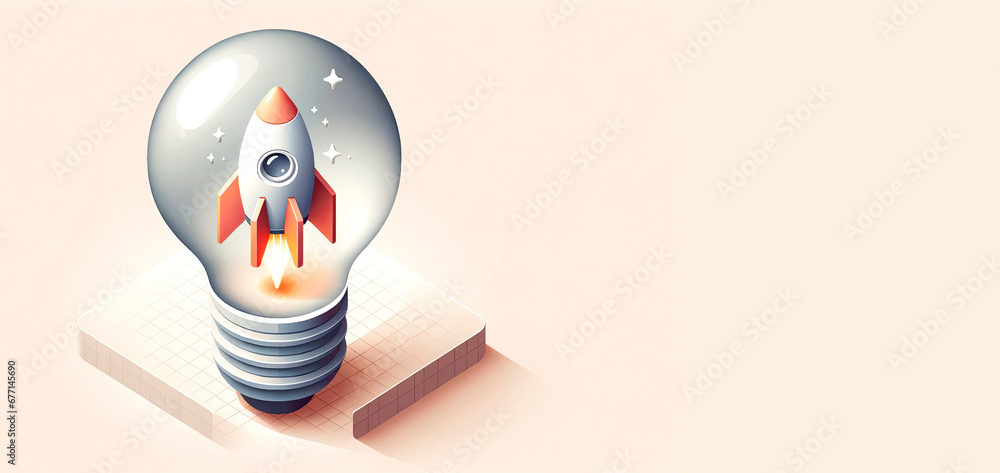 Poster rocket inside a light bulb on a peach background, concept mockup. generative ai