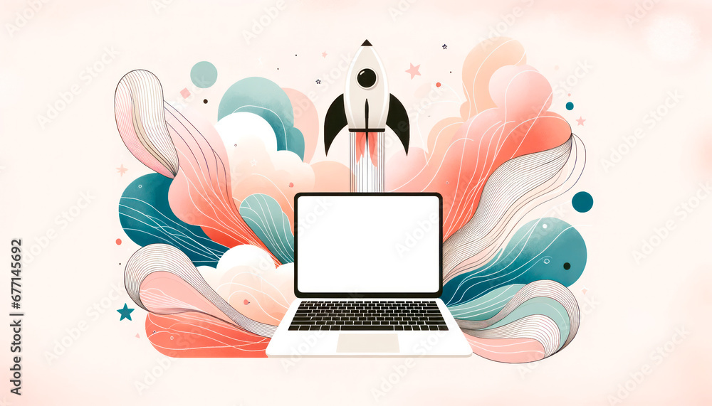 Aufkleber Artistic laptop with rocket design and colorful abstract elements. Generative AI