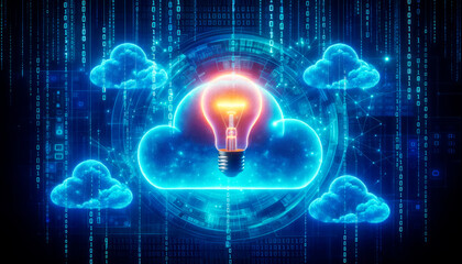 Obraz premium Cloud computing technology concept. Glowing light bulb on cloud computing background. Generative AI