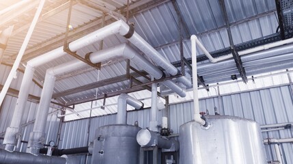 Industrial steel pipe and valves on the chiller installation.