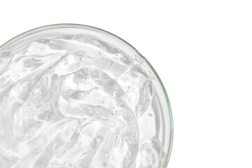 Transparent cosmetic gel in a Petri dish. View from above. On an empty background.