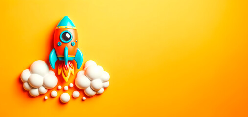Colorful toy rocket launching with clouds on orange background. Generative AI - obrazy, fototapety, plakaty