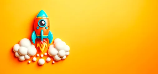 Foto op Plexiglas Colorful toy rocket launching with clouds on orange background. Generative AI © Who is Danny