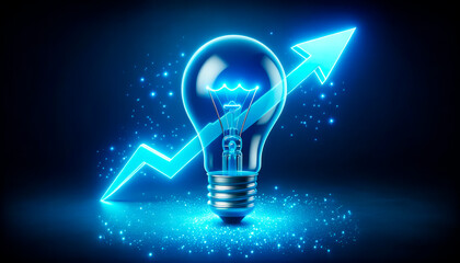 Lightbulb with arrow in blue light on dark background. Idea and startup concept. Generative AI