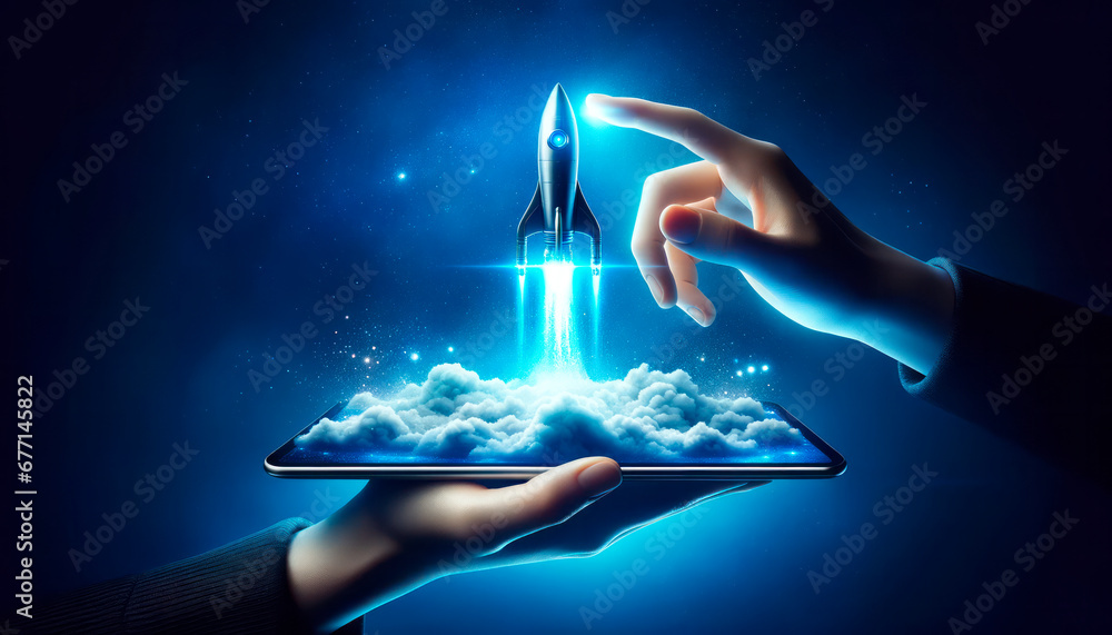 Poster touching a holographic rocket launch from a tablet screen, generative ai
