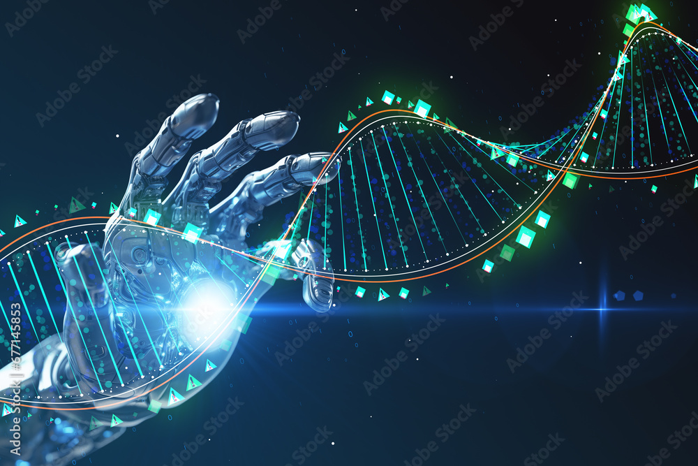 Poster robotic hand interacting with dna structure, generative ai