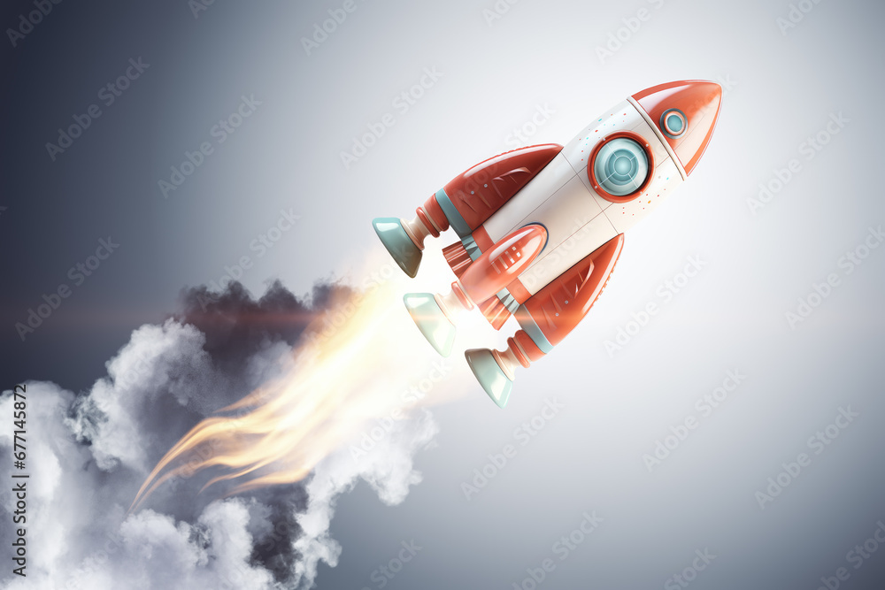 Poster rocket ascending through clouds, symbolizing breakthrough innovation, generative ai