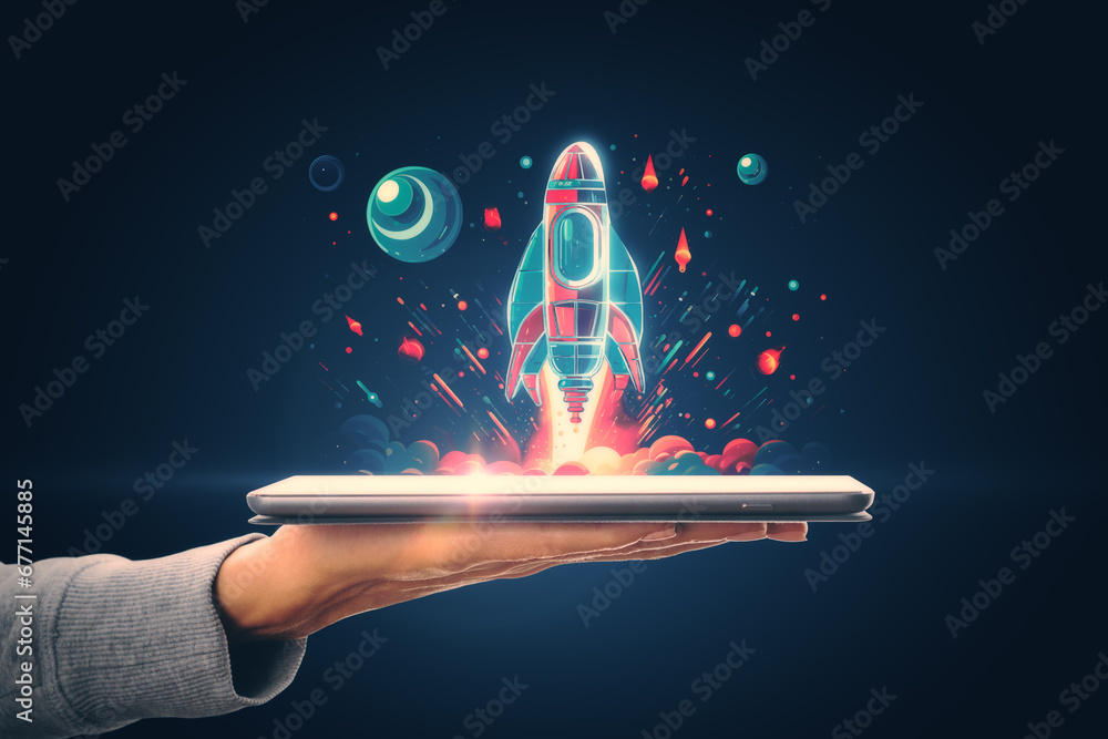 Poster creative depiction of a digital rocket launch from a tablet, generative ai