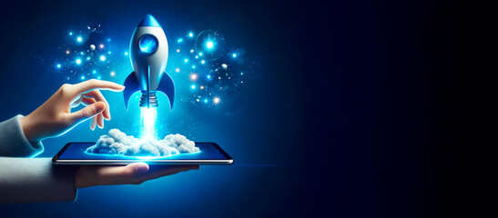 Rocket light bulb emerging from tablet, futuristic mockup. Generative AI