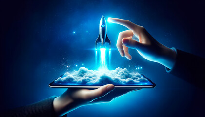Touching a holographic rocket launch from a tablet screen, Generative AI - obrazy, fototapety, plakaty