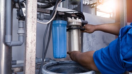 a man is changing the clean water filter, the process of changing the water treatment machine filter with tool replaced filter.  - obrazy, fototapety, plakaty