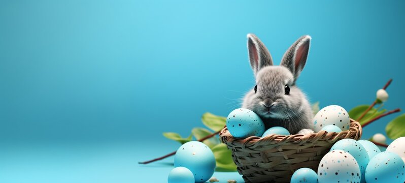 happy easter rabbit with egg in basket and blue eggs on blue background,  bold patterns and typography
