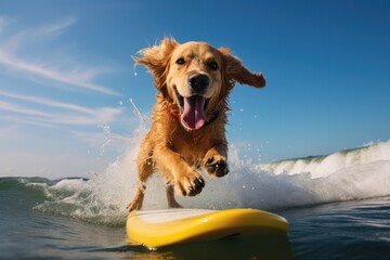 hoppy golden retriever surfing on yellow surfboard in the se. Extreme water sports poster and banner.