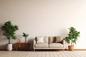 minimal interior of lounge zone with couch and green plants and empty beige wall mockup for copy space. Clinic or psychology practice waiting room. - obrazy, fototapety, plakaty