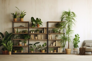 minimal interior of lounge zone or living room with green plants and bookshelves