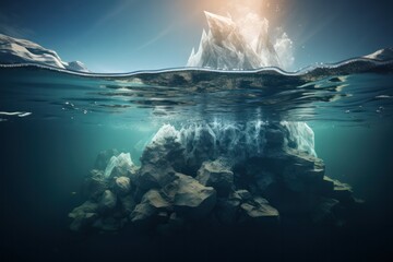 iceberg underwater view. Hidden danger. Climate change and environment issues. Melting glaciers problem..  - obrazy, fototapety, plakaty