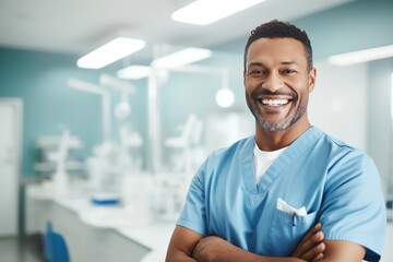 male doctor in white scrubs uniform smiling in clinic or hospital. Surgeon at work. - Powered by Adobe