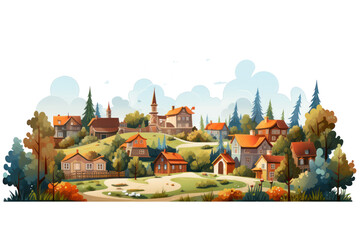 cute village buildings, houses, cottages and farm, isolated on transparent background