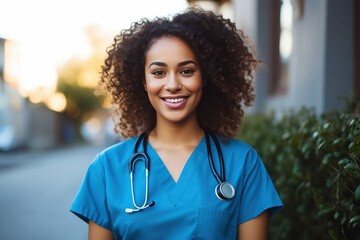 diverse female intern, nurse or doctor in green blue scrubs standing outside of hospital clinic, smiling