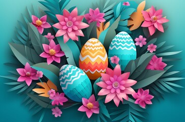Colored easter eggs illustration with flowers on a teal light blue background